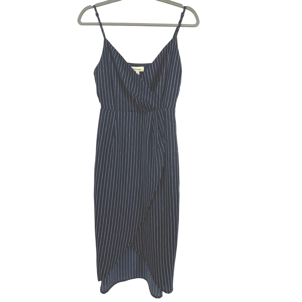 8 Birdies Faux Wrap Midi Dress Women Size S Navy Blue Pinstripe Preppy Nautical